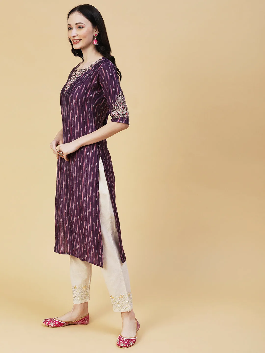 Abstract Foil Printed Zari & Resham Embroidered Kurta - Dark Mauve