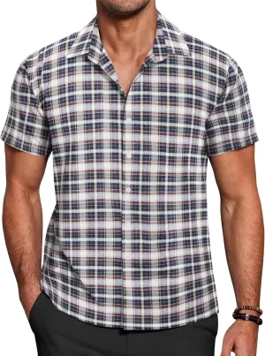 COOFANDY Mens Short Sleeve Button Down Shirt Plaid Button Up Shirts Casual 75% Cotton Work Shirts