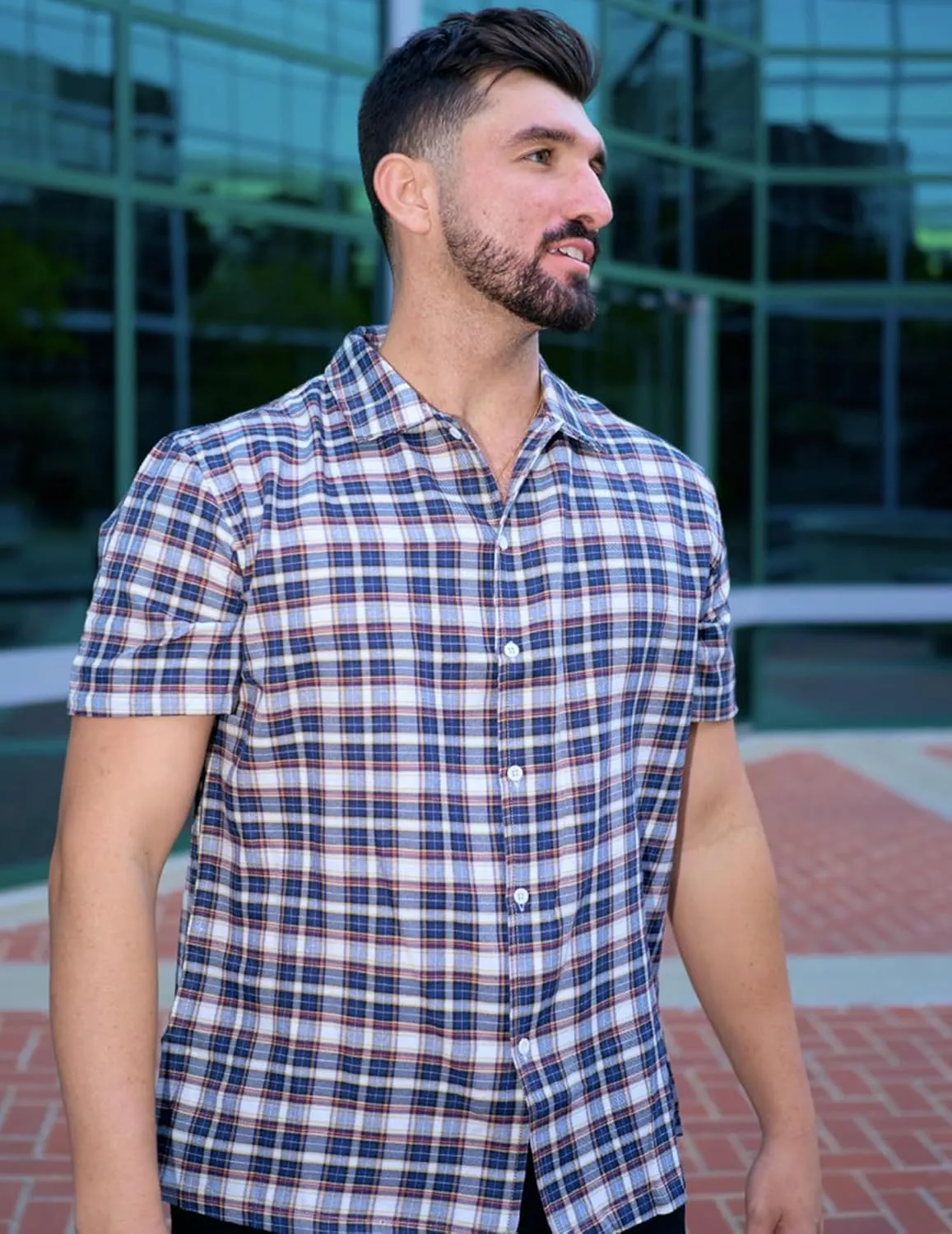 COOFANDY Mens Short Sleeve Button Down Shirt Plaid Button Up Shirts Casual 75% Cotton Work Shirts