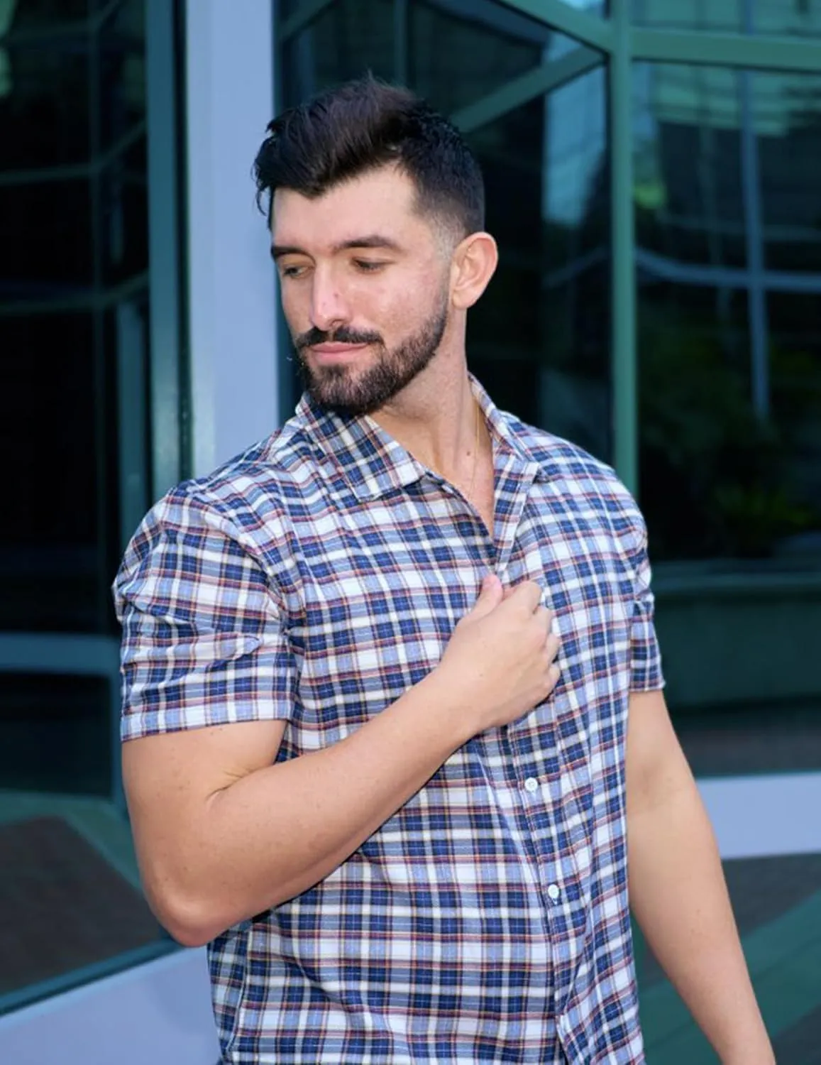 COOFANDY Mens Short Sleeve Button Down Shirt Plaid Button Up Shirts Casual 75% Cotton Work Shirts