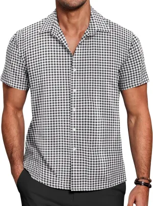 COOFANDY Mens Short Sleeve Button Down Shirt Plaid Button Up Shirts Casual 75% Cotton Work Shirts