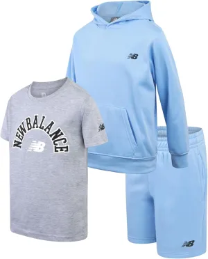 New Balance Boys' Sweatsuit - 3 Piece Fleece Pullover Hoodie, Sweat Shorts, T-Shirt - Athleisure Shorts Set for Boys (8-12)