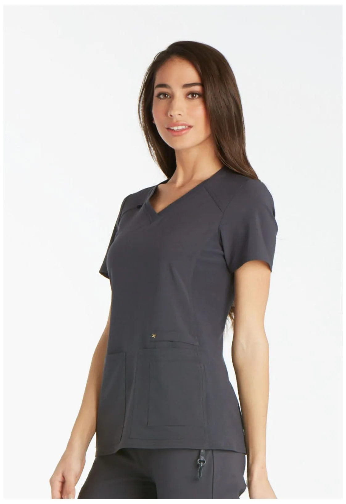 Tend Cherokee iFlex V-Neck Knit Panel Top Pewter with Tend Monogram TD-CK605PWT